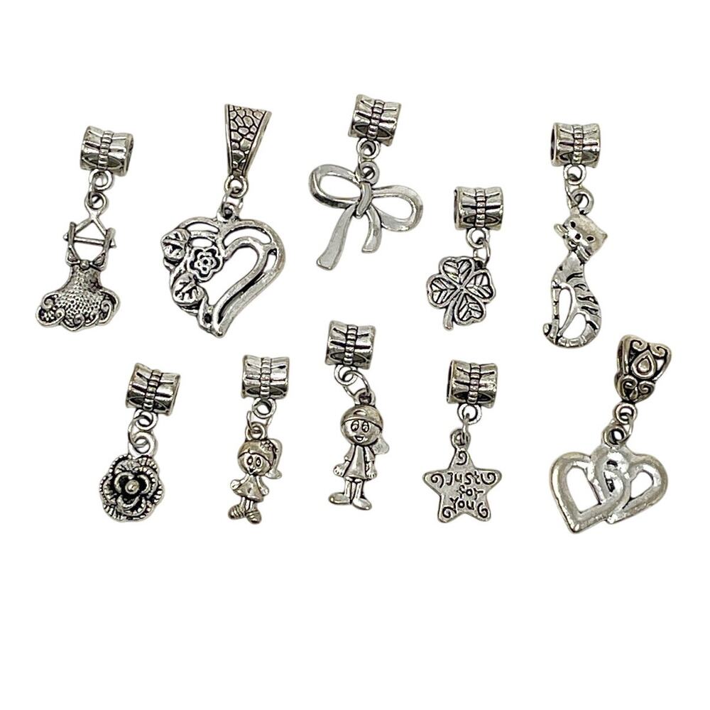 Assorted Silver Tone Charm Bracelet Charms Lot of 10 Hearts Star Flower Cat